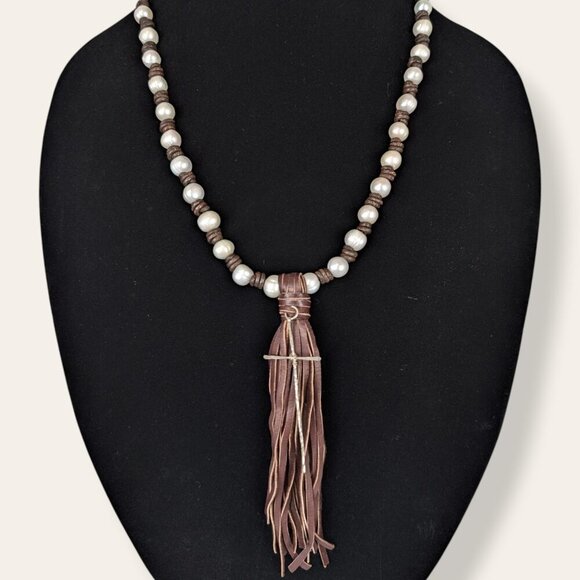 V. Freshwater Pearl & Leather Tassel Cross Pendant Necklace - Picture 2 of 5